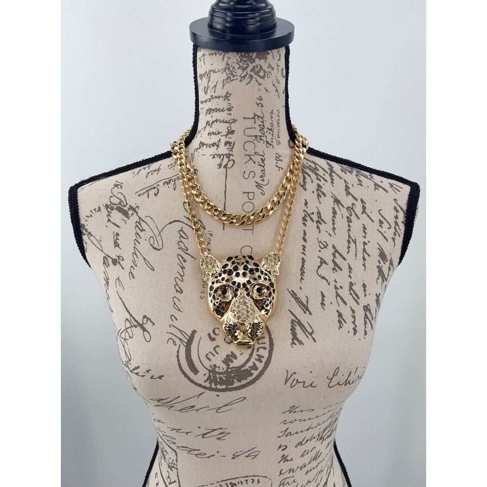 Leopard Head Large Pendant Chain Long Necklace Statement Rhinestone Gold Tone